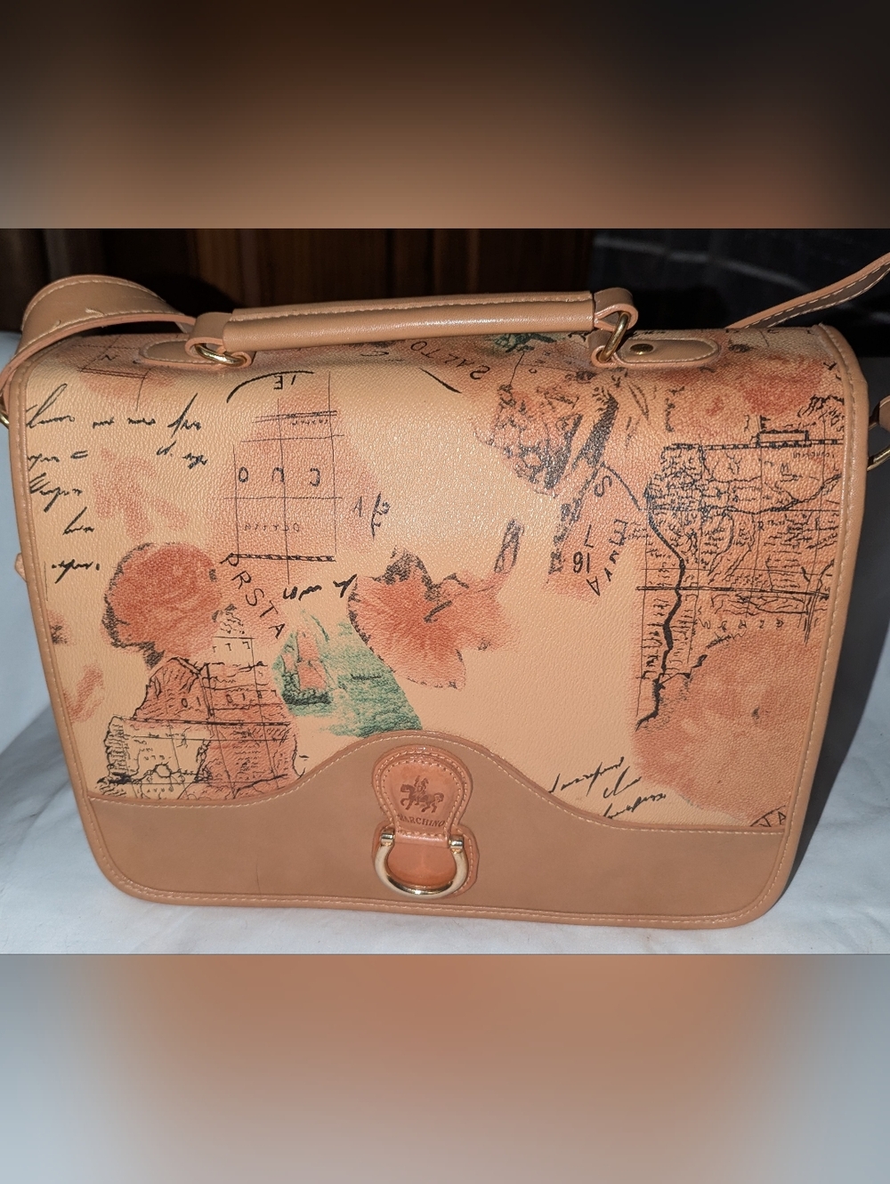 Vintage Marchino Italian Style Map Print Shoulder Bag With Leather Trim.